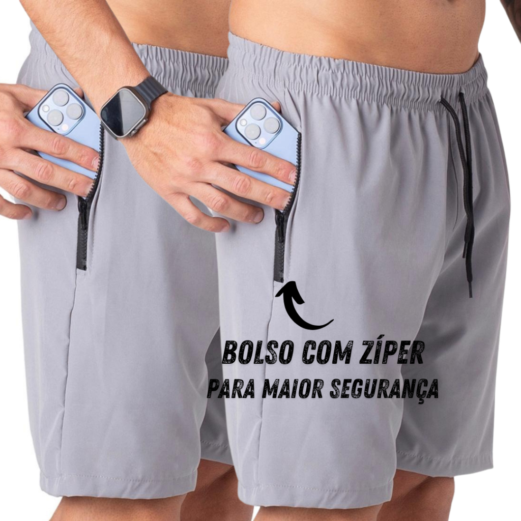 KIT 2 Bermudas Tactel Premium Elastano Masculina Bolso Zíper Academia Passeio Treino Masculino Praia