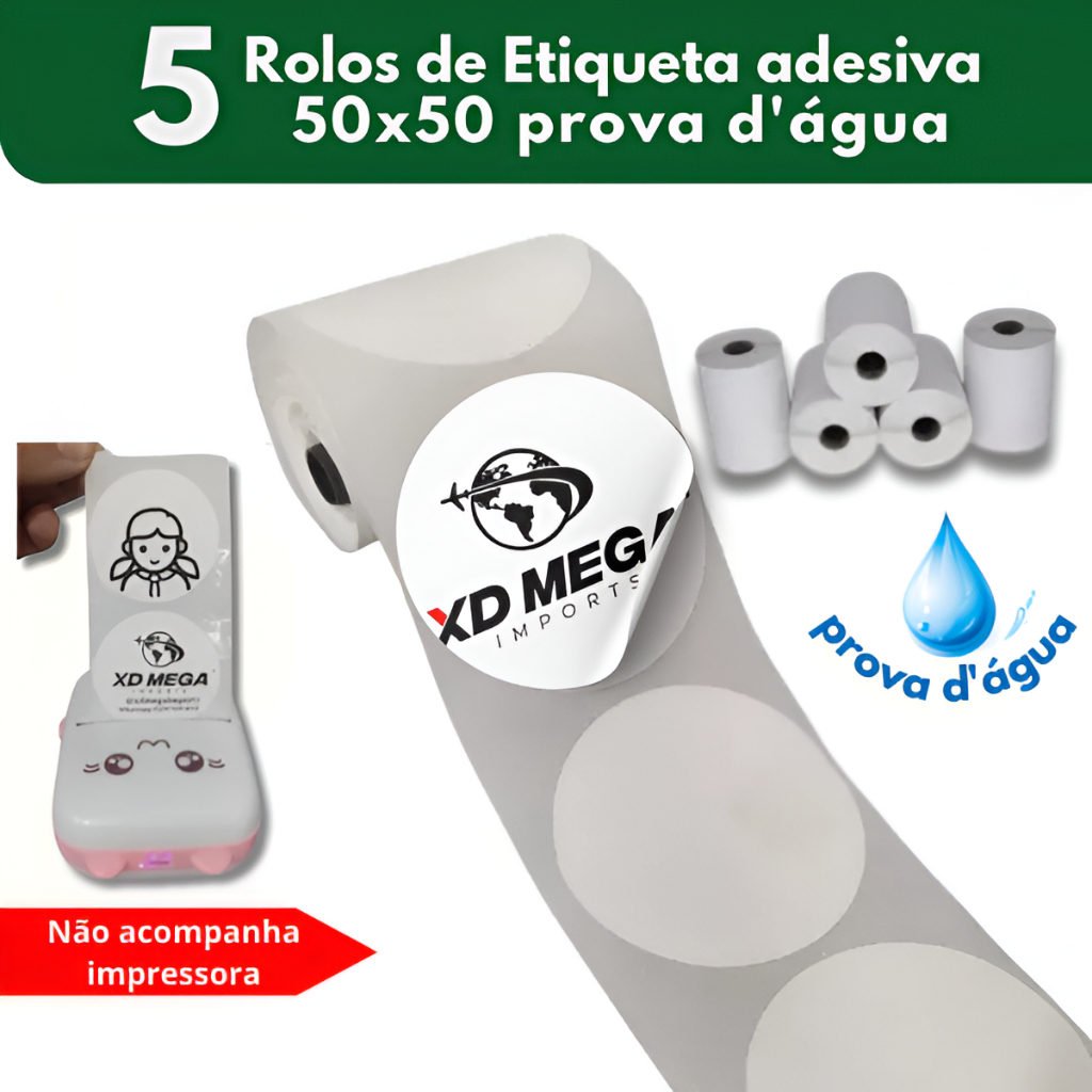 5 Rolo Etiqueta Adesiva Redonda 50x50 a prova dagua impressora do gatinho