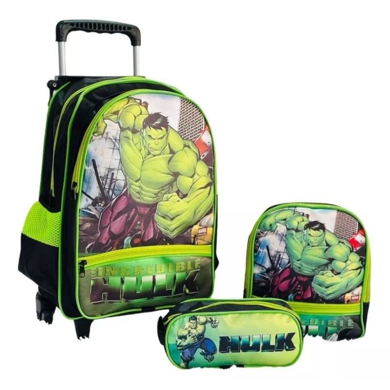 Kit Mochila Escolar Grande Com Rodinha + Lancheira Térmica + Estojo Hulk