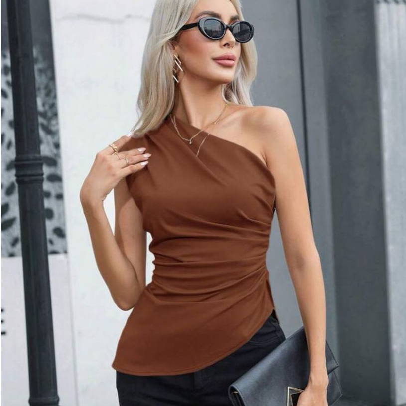 Blusa Feminina Elegante Mula Manca Assimétrica Casual Ombro Único Com Franzido