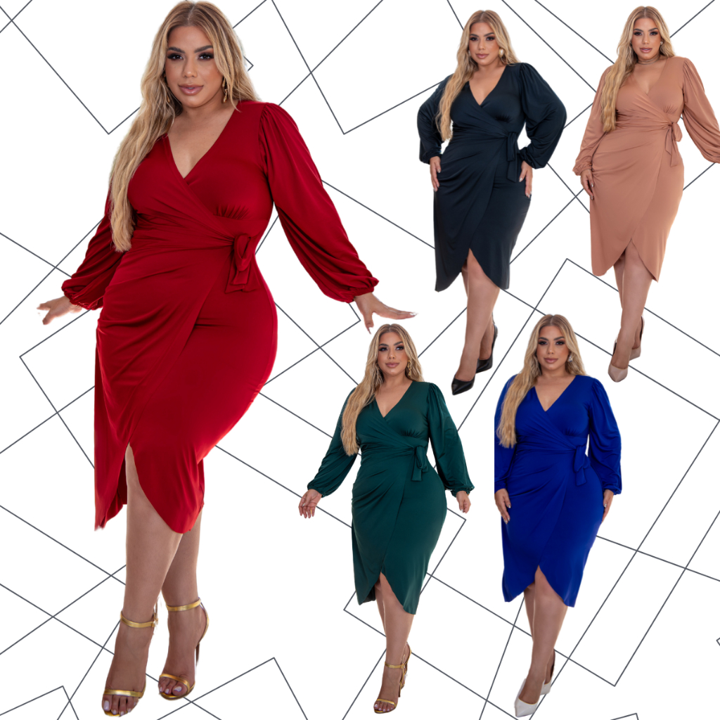 Vestido Plus Size Manga Longa Abertura em V na Barra Laço Disfarça Barriga em Oferta na Shopee