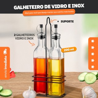 Galheteiro De Vidro E Inox Com 2 Pçs + Suporte - Bhz Store