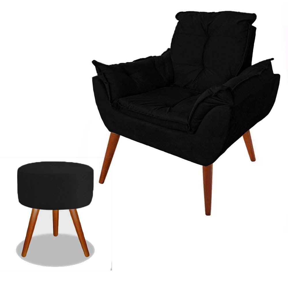 Poltrona Opalla Decoração Escritório + Puff Redondo Suede Preto Black