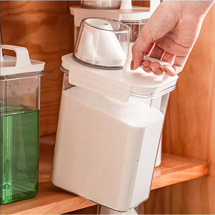 Dispenser Pote Frasco Multiuso Sabão Pó Amaciante 1,8L com Dosador Hermético Lavanderia Organizada em Oferta na Shopee