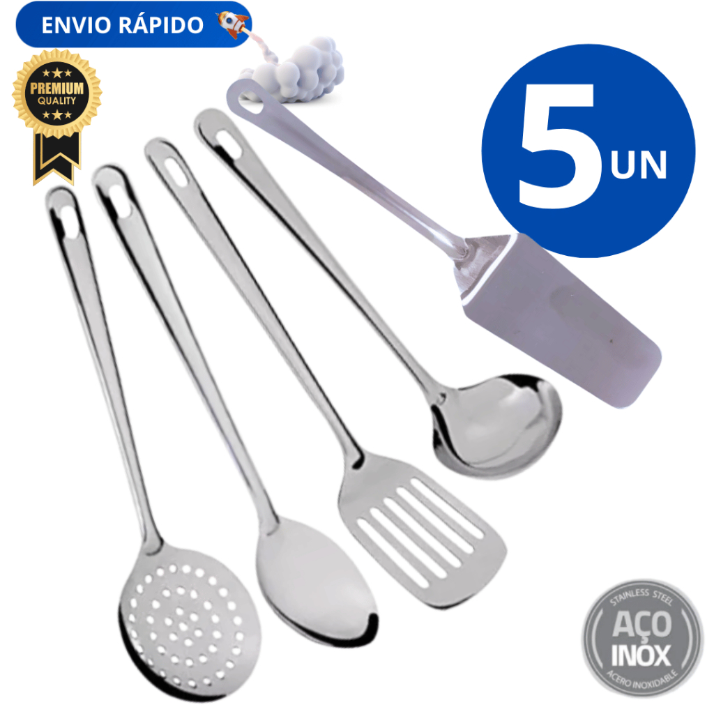 Kit 05 Unidade Utensílios para Cozinha Escumadeira Colher Grande Espátula Vazada Concha Espátula para Bolo Multiuso
