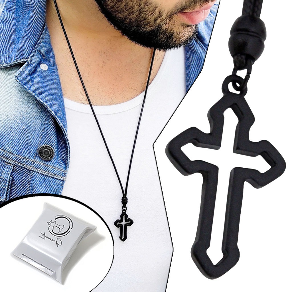 Colar de Couro Impermeável Ajustável Tradicional Cruz Proteção Jesus Fé e Modelos Variados