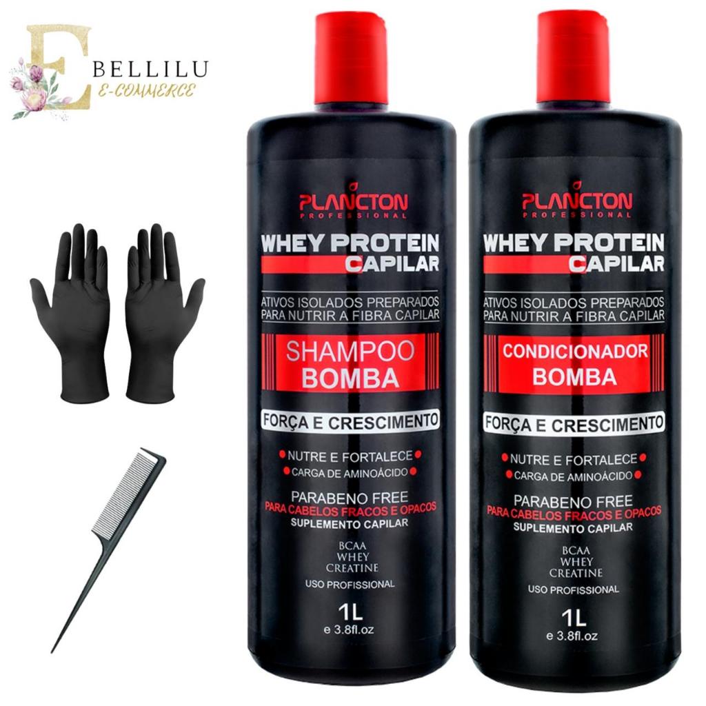 Plancton Whey Protein Shampoo Condicionador 1Litro Força Crescimento Bomba