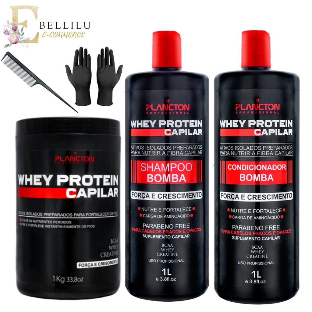 Kit Tratamento Plancton Whey Protein Shampoo Condicionador Mascara Bomba Ajuda Crescimento Capilar Fortalecendo Os Fios