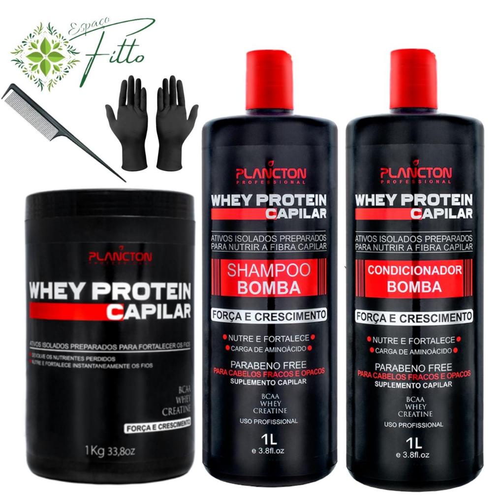 Kit Tratamento Plancton Whey Protein Shampoo Condicionador Mascara Bomba Pós Quimica