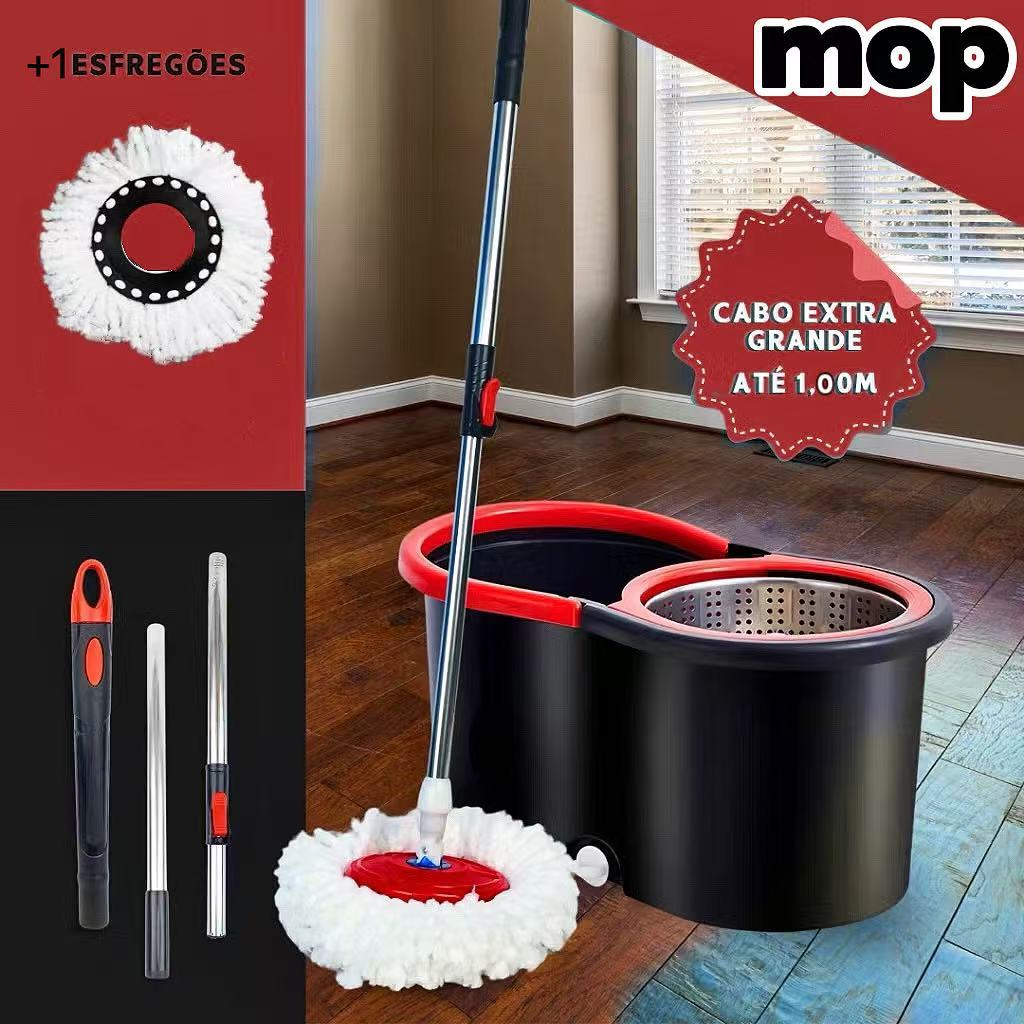 Mop Giratório 360°Regulável Balde 2 Refis Microfibra com Alça Rodo Limpeza
