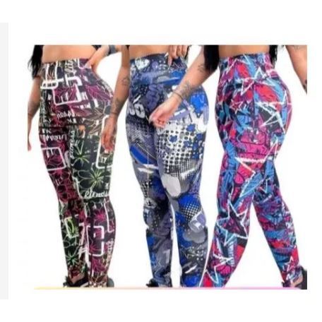 Kit 3 Calça Legging Feminina Estampada Cintura Alta Suplex Leg Academia Fitness Cós Alto