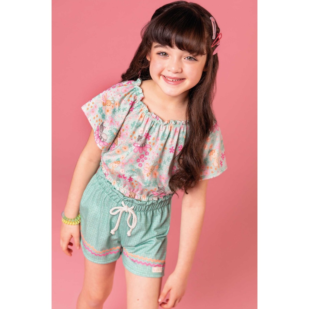 Conjunto Infantil Menina Blusa Manga Curta Animais Zoo Tropical E Shorts EM MALHA FRESH KUKIÊ