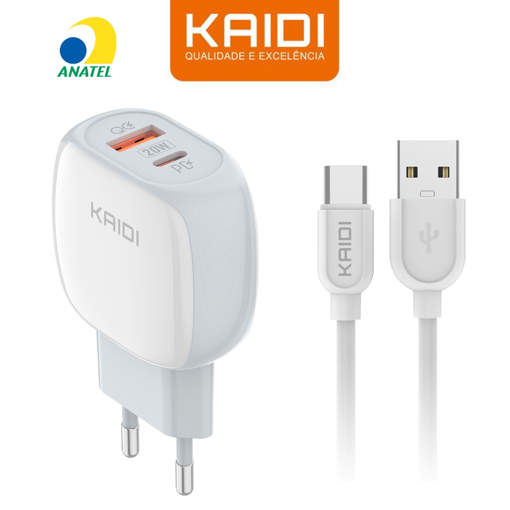 Carregador Turbo 20W USB C Duplo PD Kaidi Kd-106 duas saídas em Oferta na Shopee