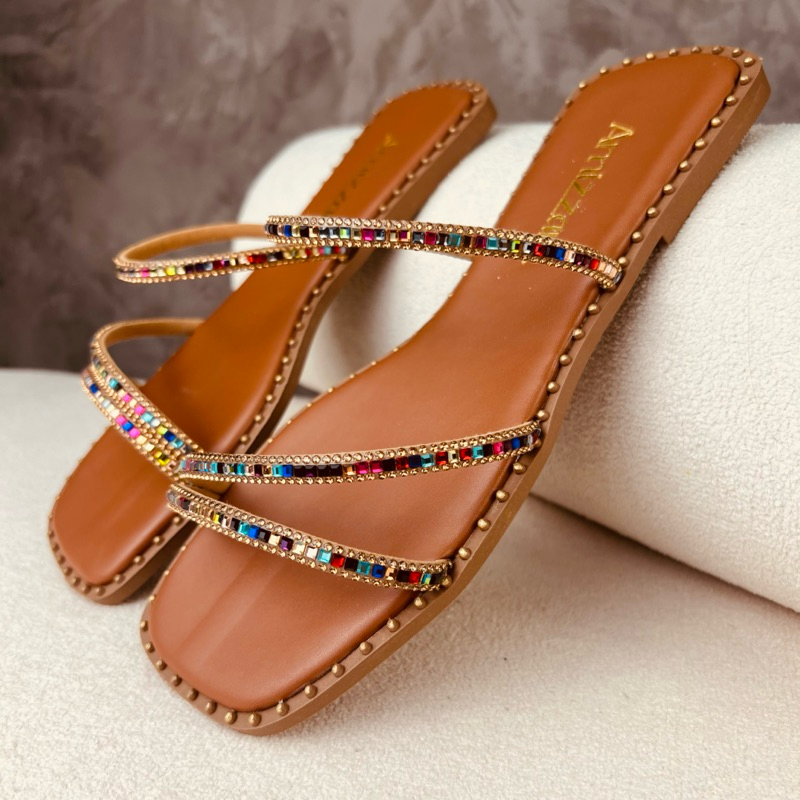 Rasteirinha Feminina Sandália 3 Tiras Brilho Strass Colorido Lancamento Confortavel