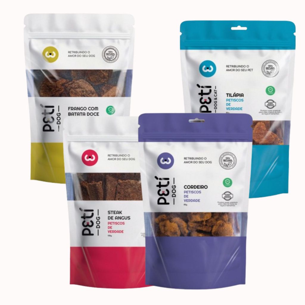 Petiscos Peti Tilápia, Cordeiro, Steak Angus e Frango com Batata 100% Natural Cão e Gato 80g e 100g
