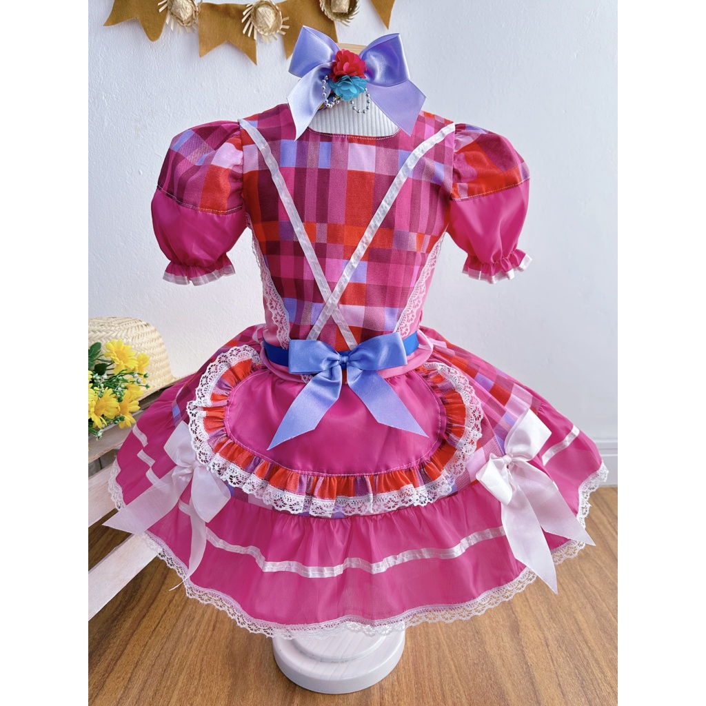Vestido Infantil Xadrez Festa Junina Rosa Pink Arraiá Quadrilha Caipira Luxo Juvenil Bebê Rodado