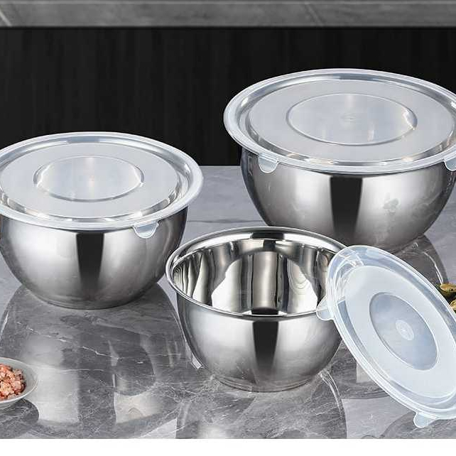 KIT 3 PEÇAS Tigela bowl inox Grosso Vasilha saladeira Multiuso Fundo Com Tampa