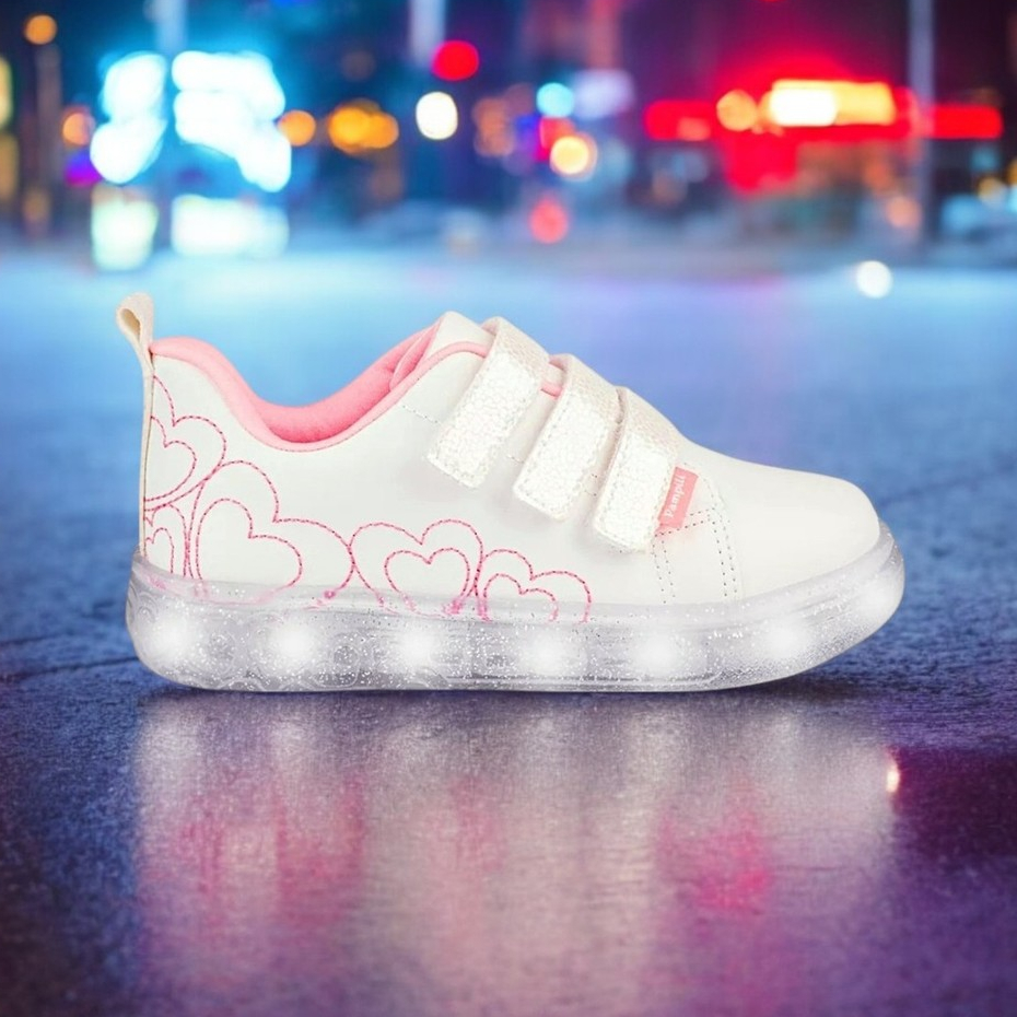 Tênis Infantil Pampili Menina Luz Led Brilho Coração Festa Conforto Velcro 483033