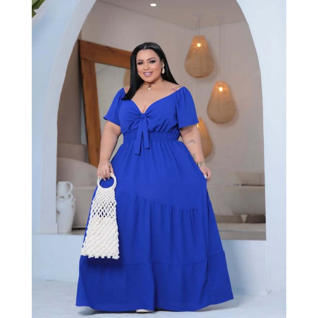 Vestido De Laço En Decote V Longo Plus Size Feminino em Oferta na Shopee