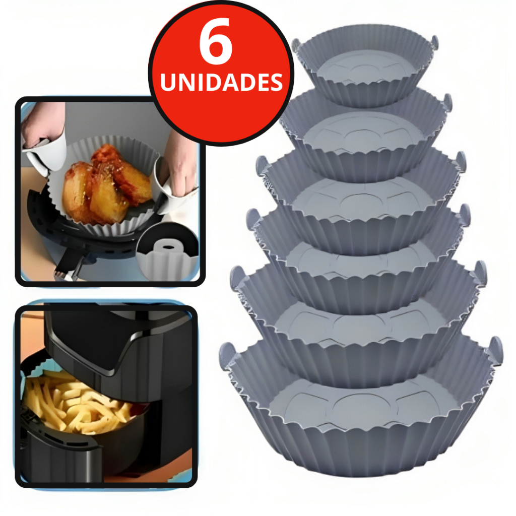 Kit 6 Forma de Silicone Para Fritadeira Air Fryer Antiaderente Cozinha Com Alça