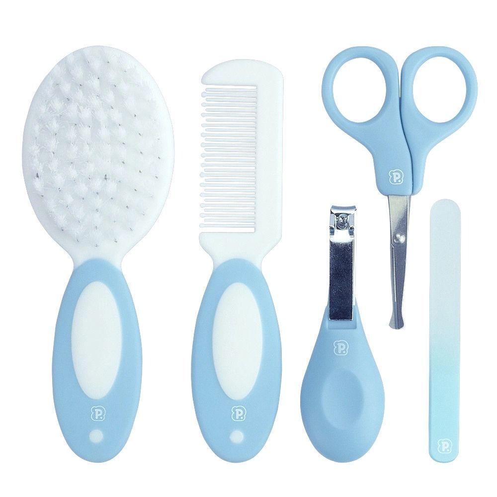 Kit Higiene Infantil 5 peças +0M - Azul e Rosa, lixa, tesoura, cortador, escova e pente - Pimpolho
