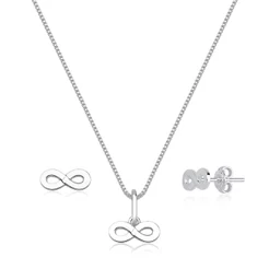 Conjunto Brinco e Colar de Prata 925 Infinito Liso com 45cm