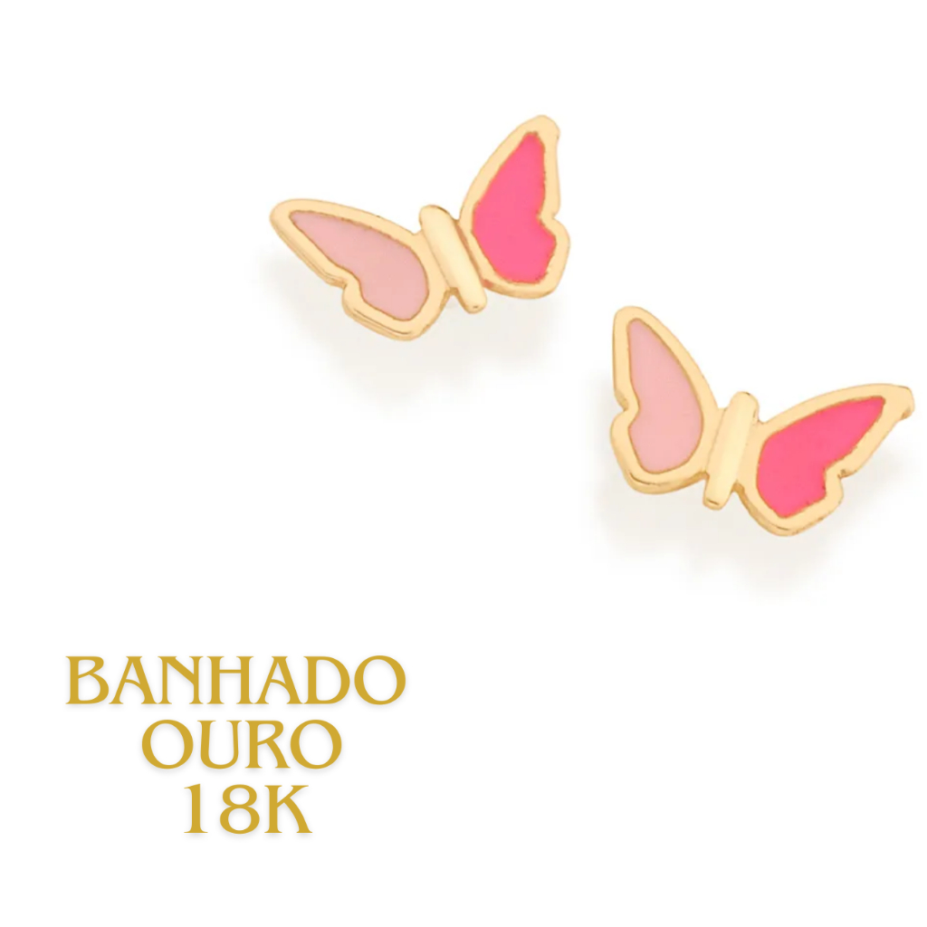 Brinco Infantil Rosa Rommanel Borboleta Banhado Ouro 18k Com Trabalho De Resina