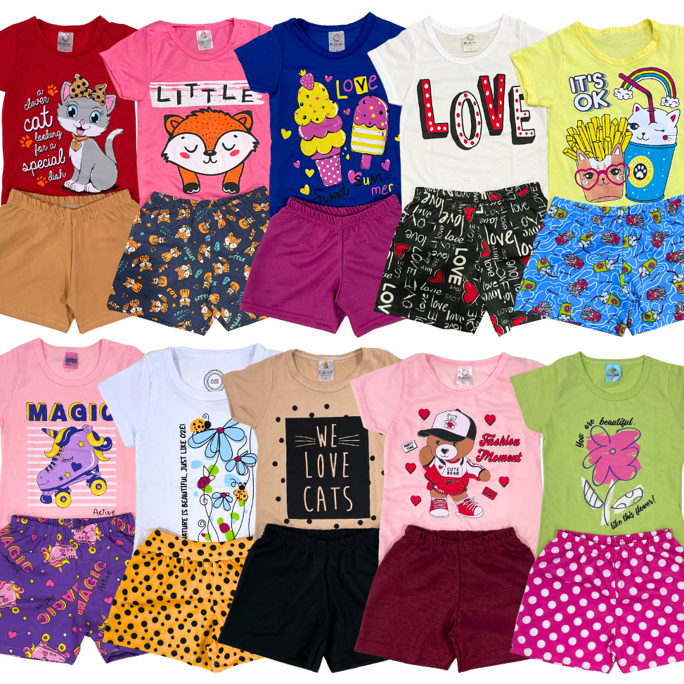 Kit 6 ou 10 Peças Roupa Infantil Menina Conjunto Verão Estampado Sortidos Camiseta/Regata + Shorts em Oferta na Shopee