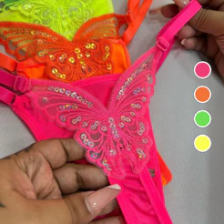 Calcinha Borboleta Neon Fio Dental Sexy Lingerie Tanga Feminina Sensual com Regulagem