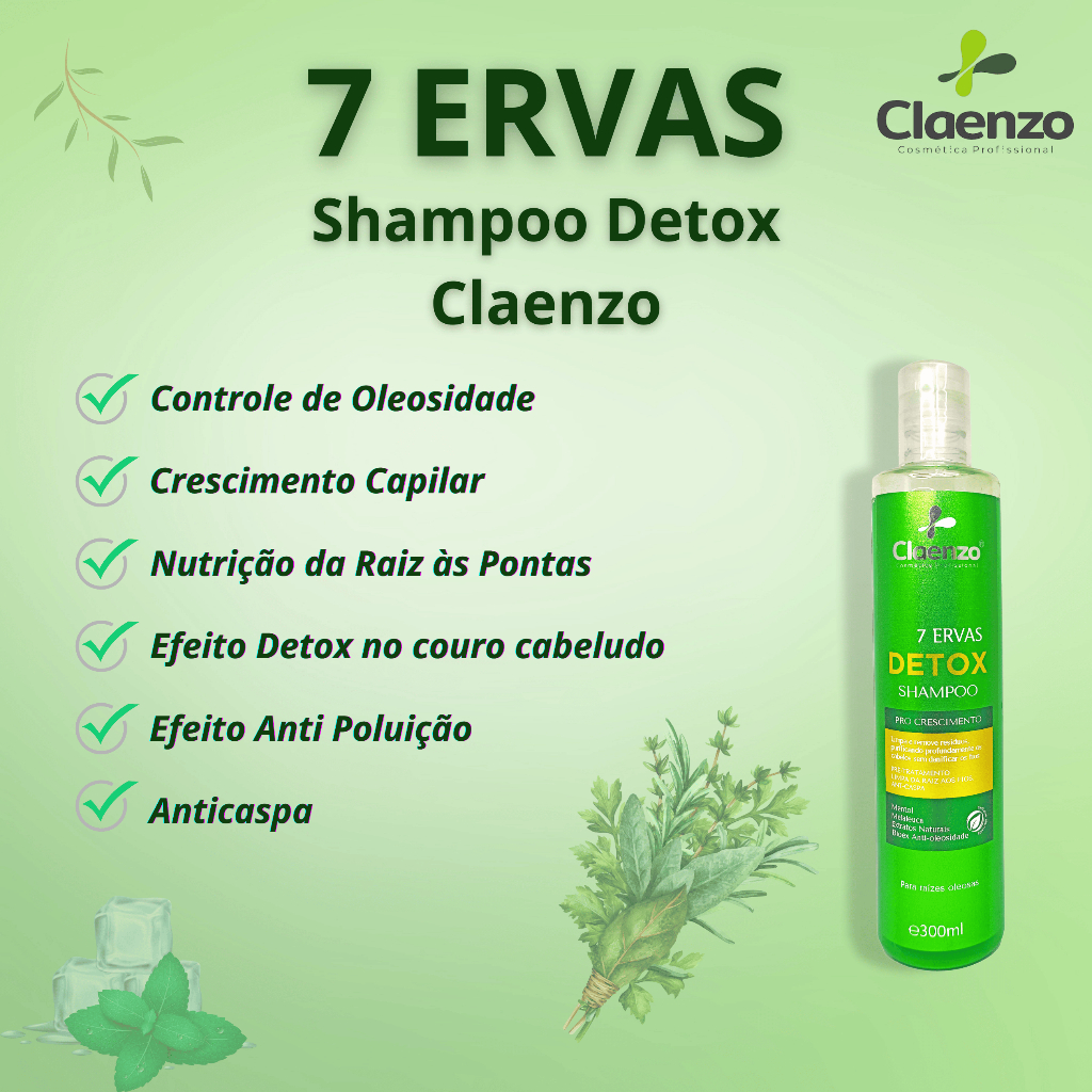Shampoo Detox 7 Ervas Claenzo 300ml Anti Caspa Limpa Resíduos Pró Crescimento
