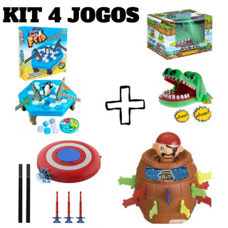 Kit 4 Jogos Infantis  Crocodilo + Pirata + Pinguim + Escudo Lança Dardo Morde Dedo Pula Barril Quebra Gelo Brinquedos