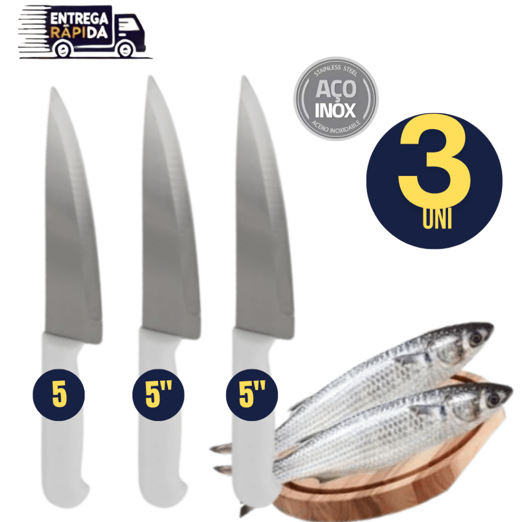 Jogo 3 Facas Inox Peixeira Cozinha 5" Polegadas, cabo branco, resistente Linha Premium Versátil Pratico Corte Preciso