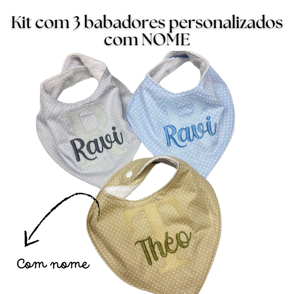 Kit com 3 Babadores bandana atoalhado com nome personalizado com ajuste