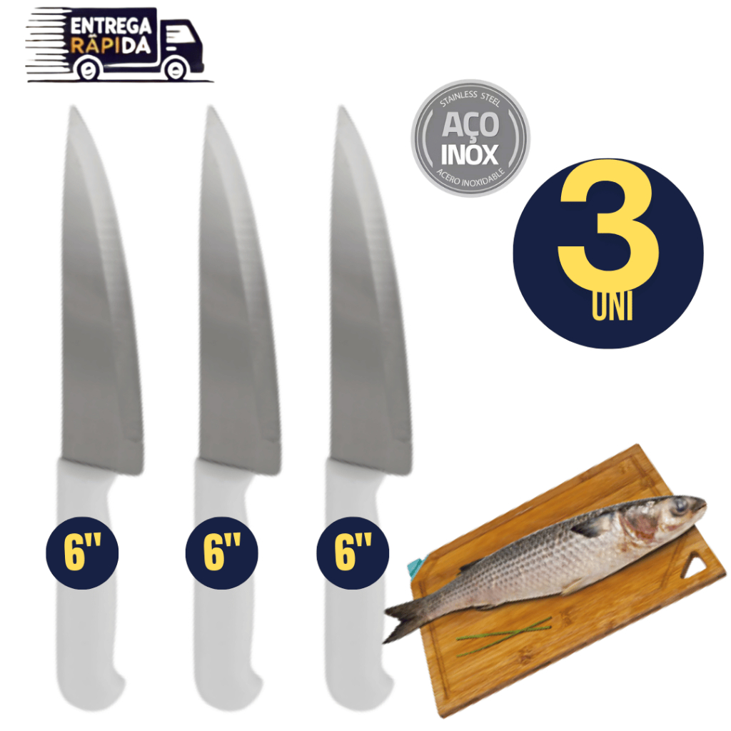 Conjunto 3 Unidades Faca Inox Peixeira Cozinha 6" Polegadas Resistente Linha Premium Versátil Pratico Corte Preciso