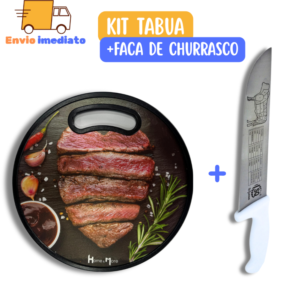 Kit Tábua de Carne + Faca de Churrasco para Cozinha para Carne Legumes Salada Comida Churrasco