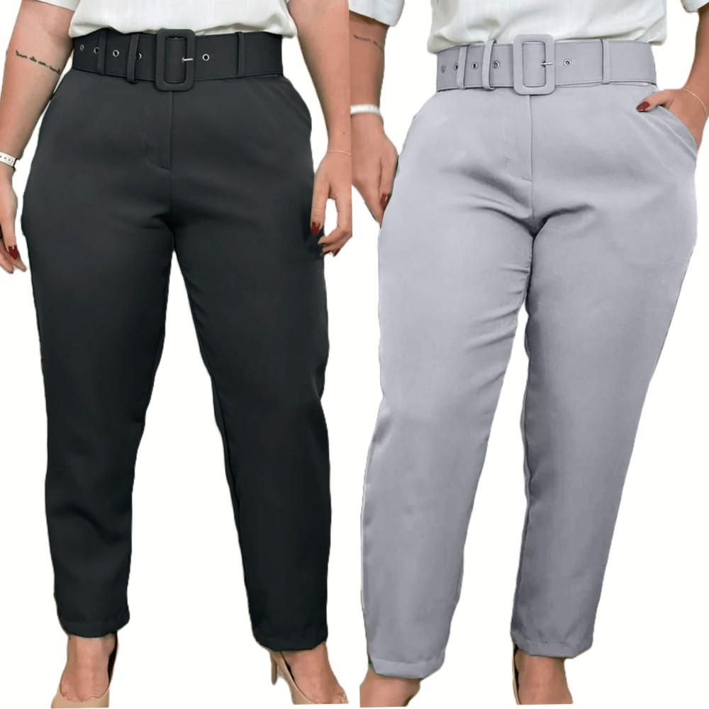 Kit 2 Calças Alfaiataria mais cinto plus Size elegante  casual Promoção em Oferta na Shopee