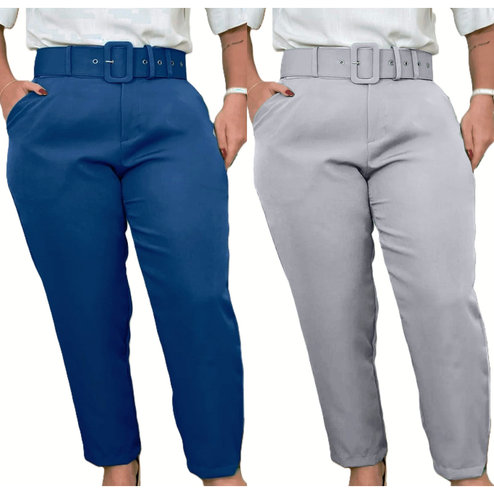Kit 2 Calças Alfaiataria mais cinto plus Size elegante  casual Promoção
