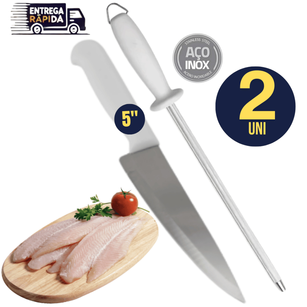 Kit 02 Unidades 1 Chaira 10" polegadas 1 Faca Peixaria 5" polegadas Peixe Carne Churrasco Variáveis Utilidades Inox