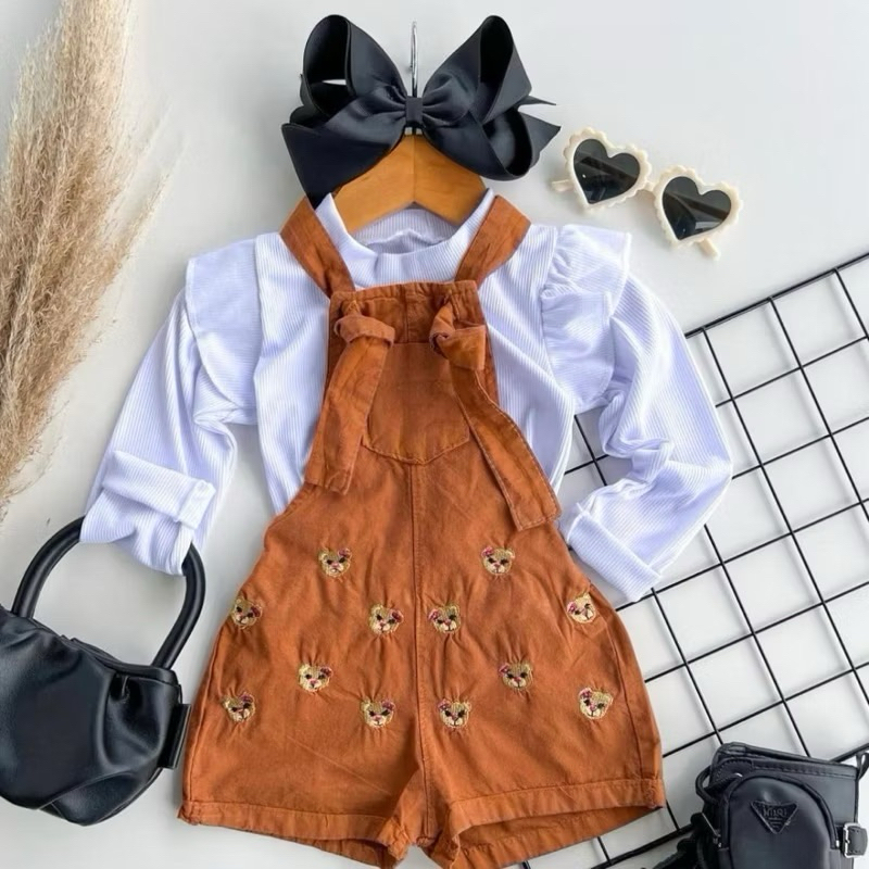 Conjunto infantil Jardineira salopete menina blogueirinha Ursinha 2 Peças Outono Inverno
