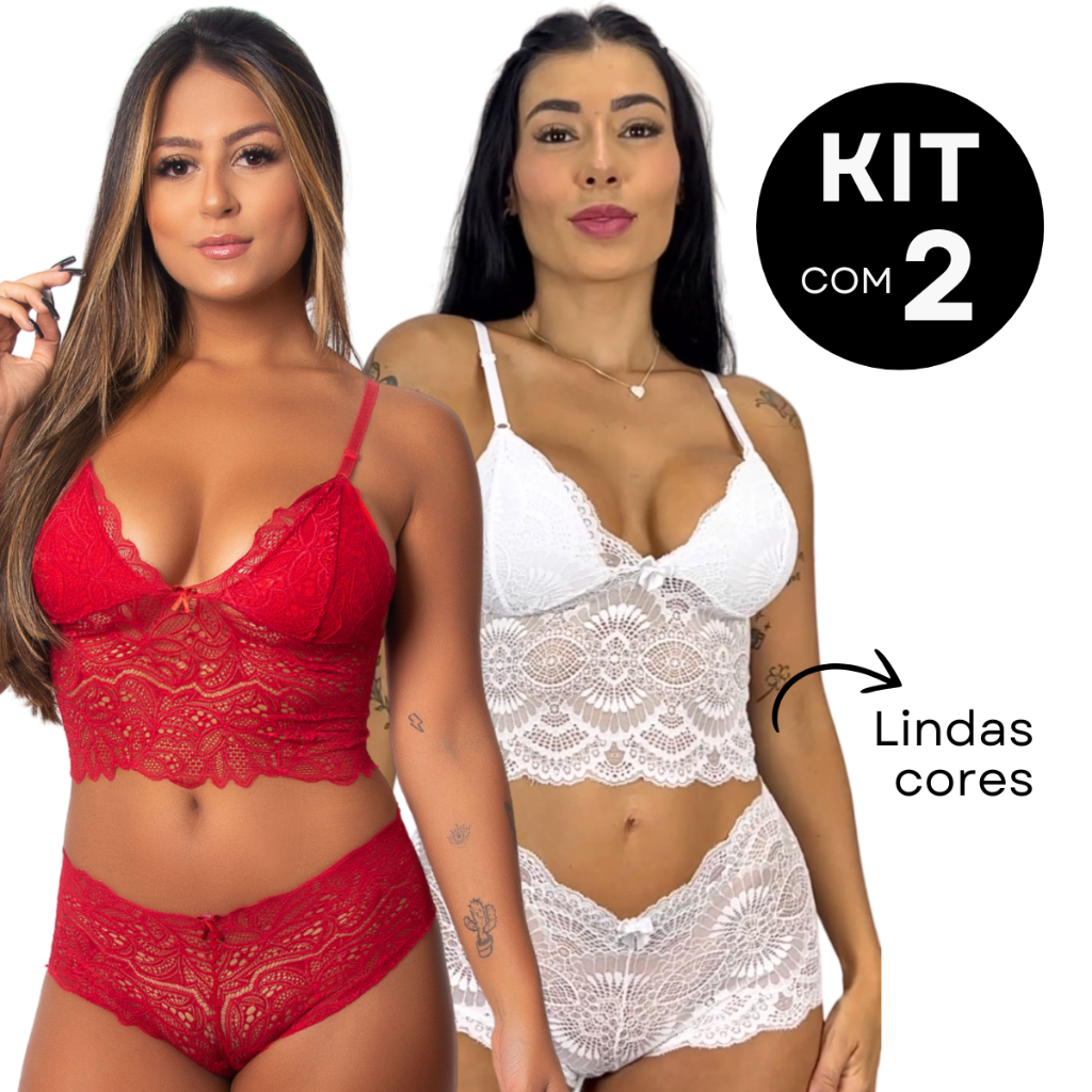 Kit 2 Conjuntos Lingerie Renda Sensual Caleçon e Cropped Sem Bojo Forro Algodão