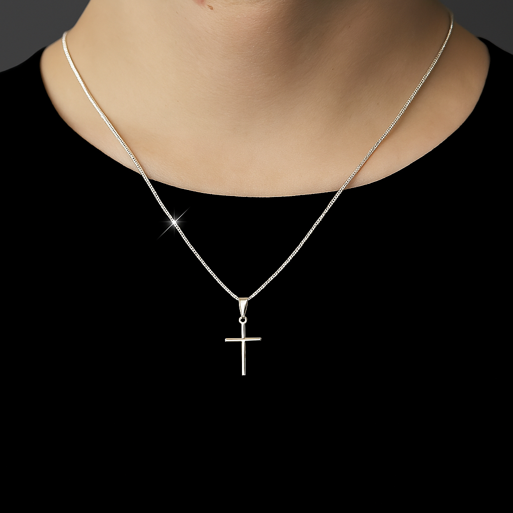 Colar corrente Veneziana 0,8 mm com pingente de cruz palito banho de PRATA 925 +++ em Oferta na Shopee