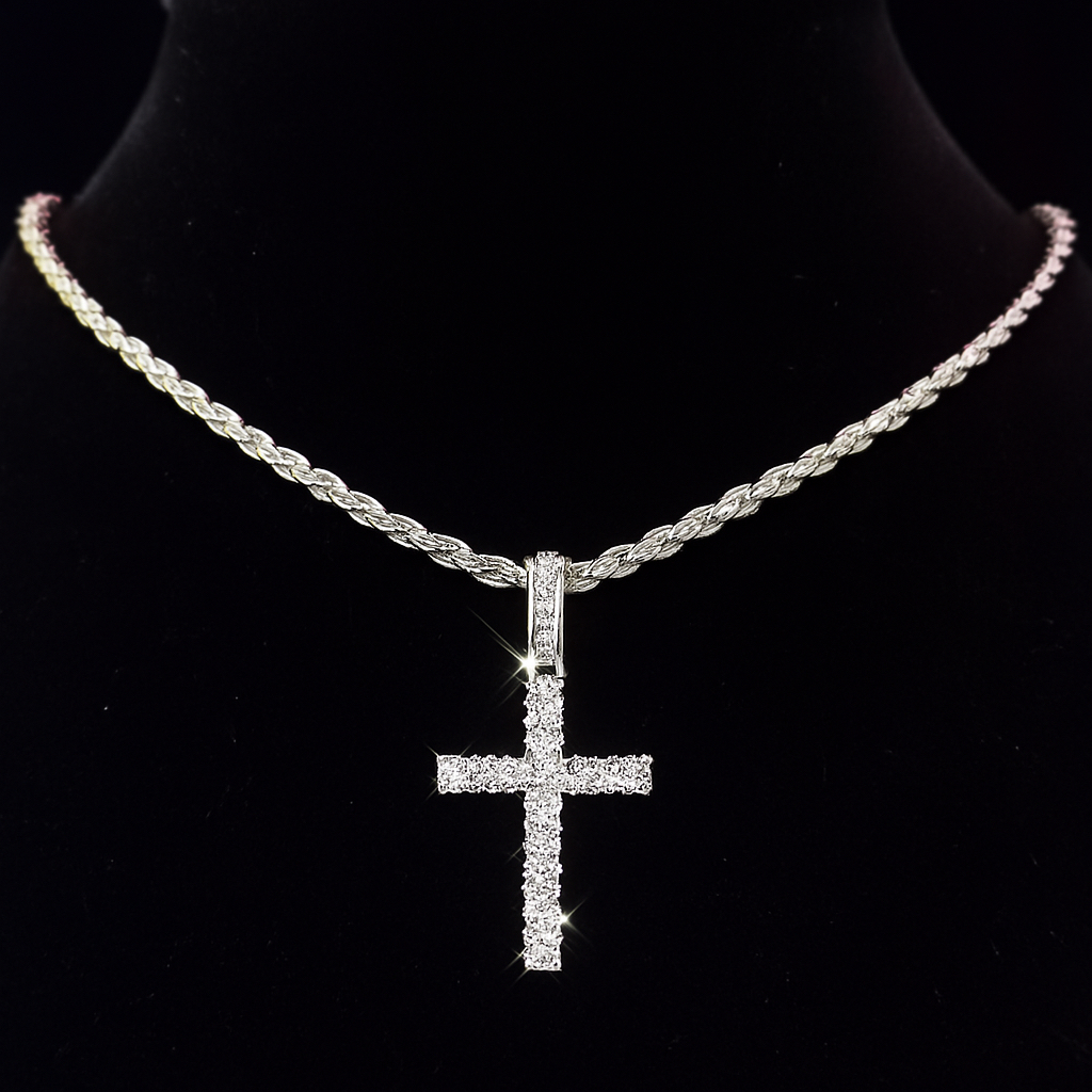 Corrente cordão baiano de luxo com pingente de cruz ice cravejada em Oferta na Shopee