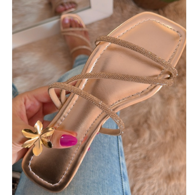 Sandália Feminina Rasteirinha Confortável Strass Brilhante Rose Cobre Leve 33 ao 43 Pronta Entrega
