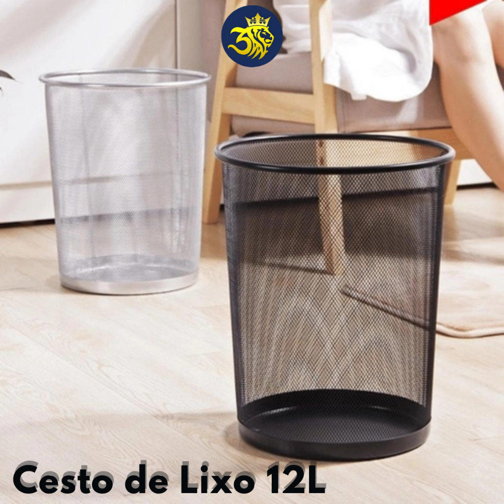 Lixeira Escritório Cozinha Metal Aramado Telada Cesto Lixo 12 Litros Organização Prata e Preta