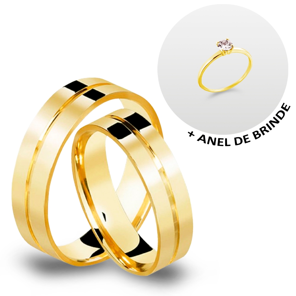 Par De Aliança Moeda Antiga Reta Friso Mais Anel Solitário Casamento Noivado Namoro 6mm Dourada em Oferta na Shopee
