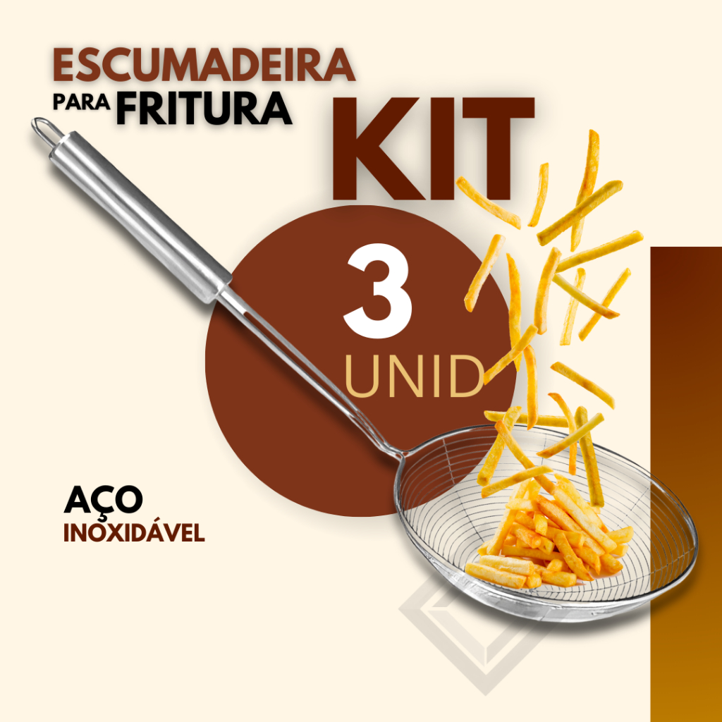 Kit 3 Peças - Escumadeira para Fritura Inox para Batata Frita Torresmo Bar Restaurante