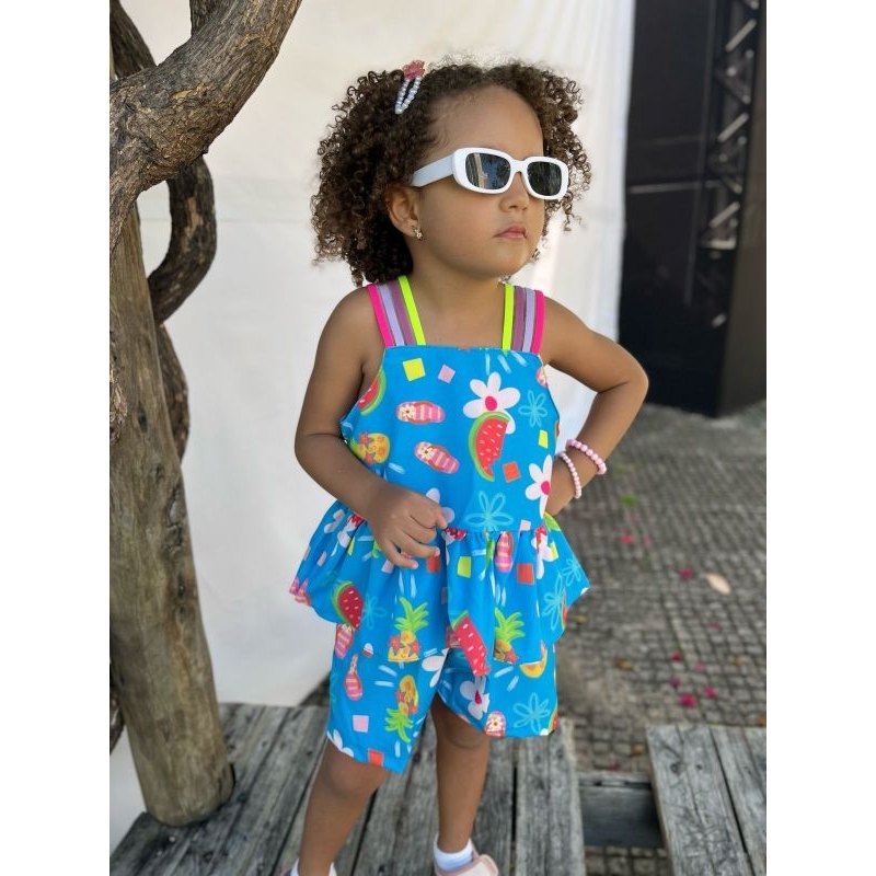 conjunto infantil menina estampa colorida  verão short e blusa tecido sedinha