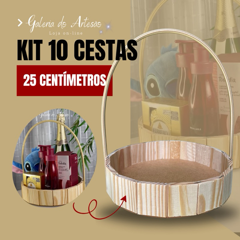 kit 10 Cestas 25 cm de Madeira Redonda ou Oval