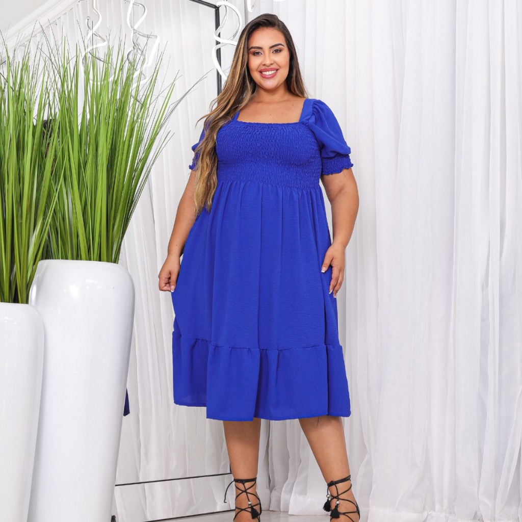 Vestido Feminino Midi Plus Size Manga Princesa Moda Evangélica Soltinho Elegante Gestante Soltinho