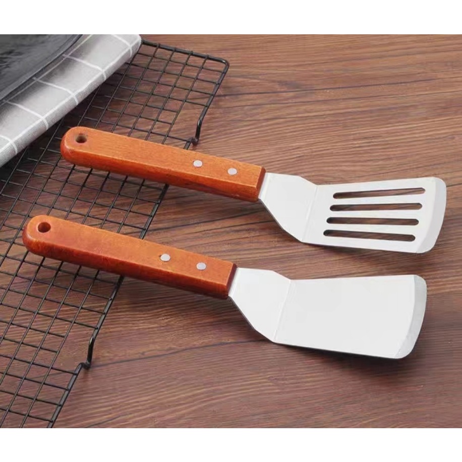 Imagem Kit 2 Espátula Chapeiro Profissional Peças Inox – Reta + Curva, Multifuncional para Carne, Hambúrguer, Pizza e Churrasco